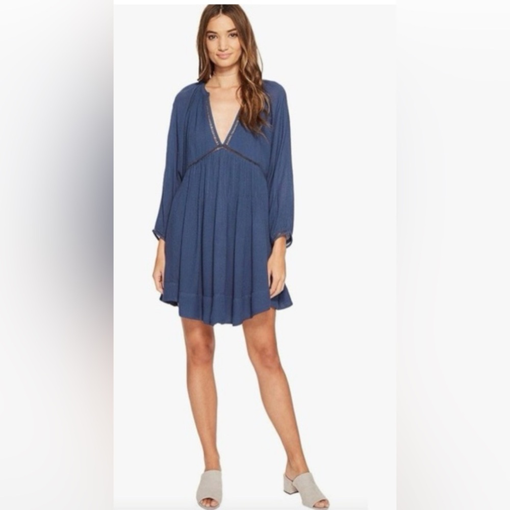 Free People Navy Blue V-Neck Long Sleeve Mini Dress